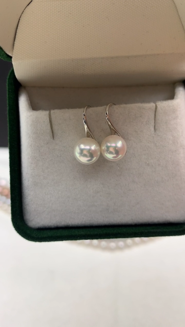 银S925镶嵌ff海水珍珠akoya白珠耳饰8~9mm