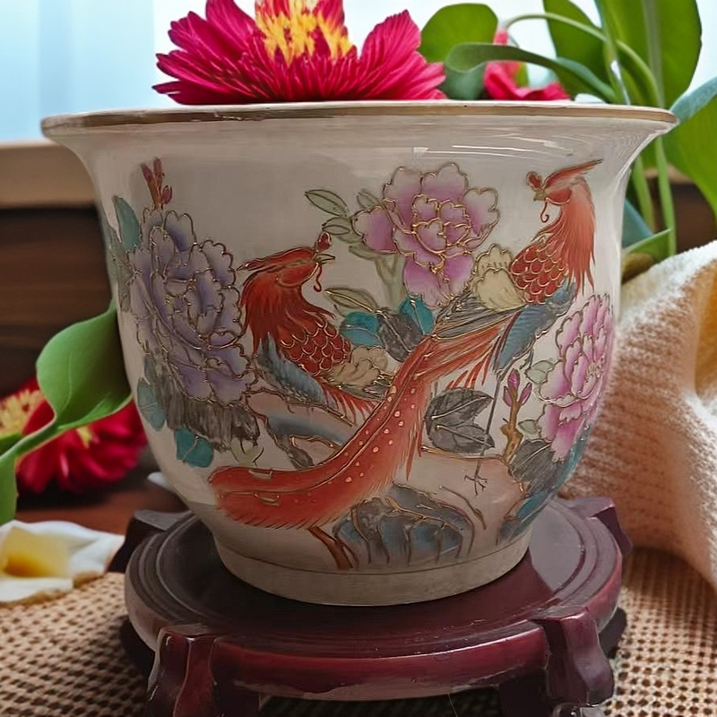 80年代手绘双凤花鸟花盆，品相好，做工好，完整