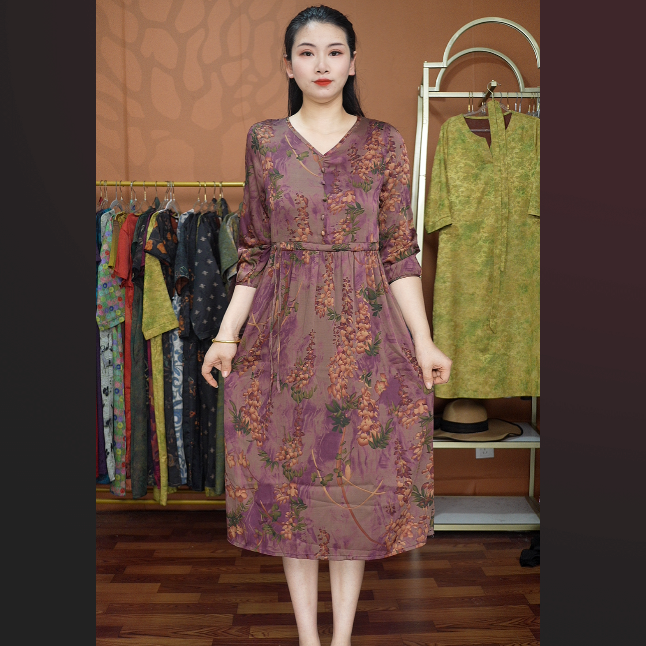 【福利紫收腰】妈妈装宽松连衣裙高档中年女装夏季优雅气质长裙