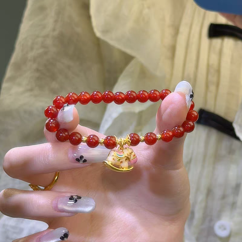 瑞诺黄金木马红玛.瑙手链足金999转运金珠手串小众520礼物送女友