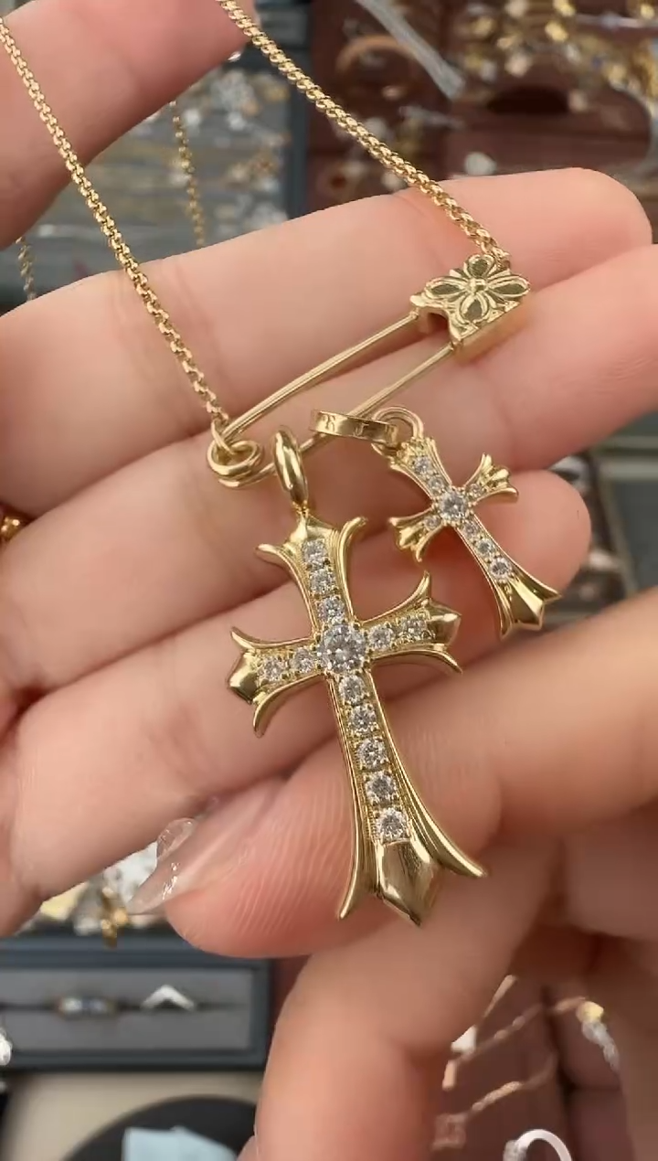 【闪购商品】钻石项链18K金镶嵌别针十字架项链（高定款）