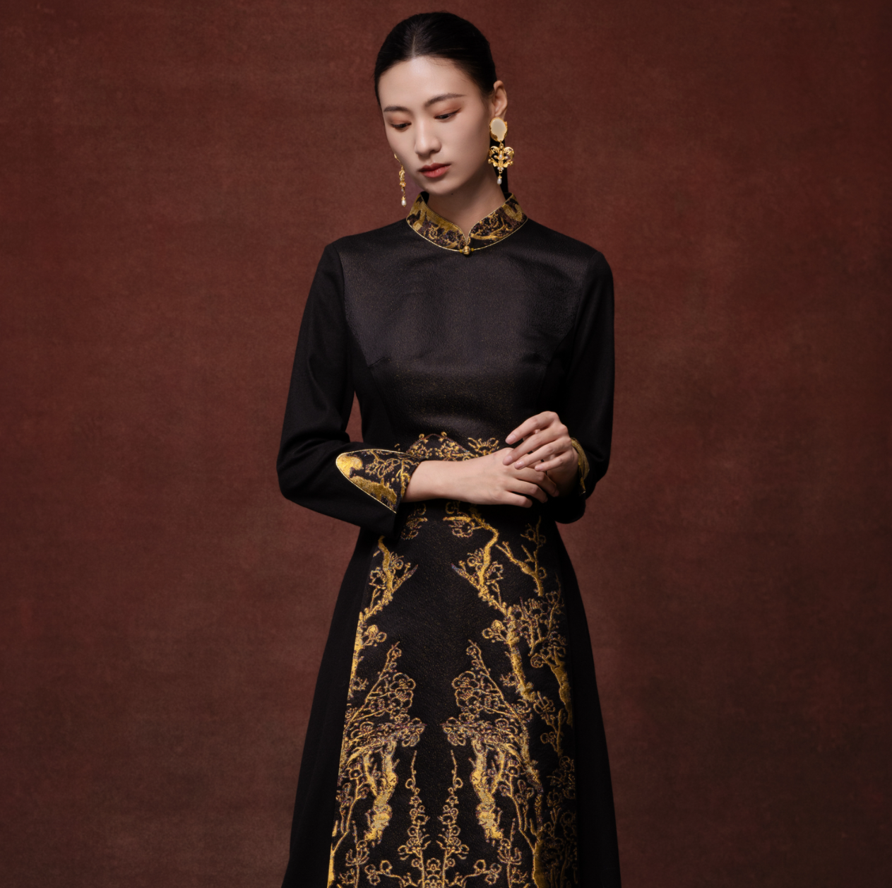 [100%绵羊毛] 夜雪折金 连衣裙 954237512重工显瘦气质修身设计师