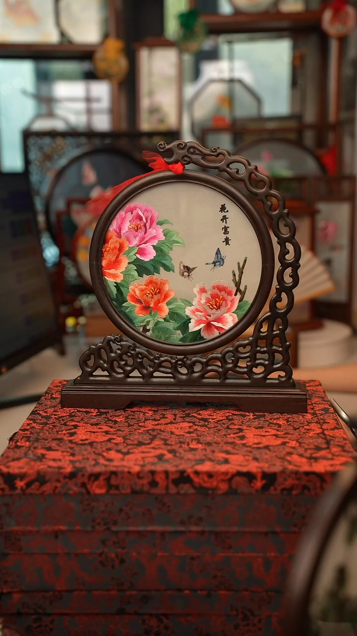 扇子龙头架 苏绣双面绣摆台