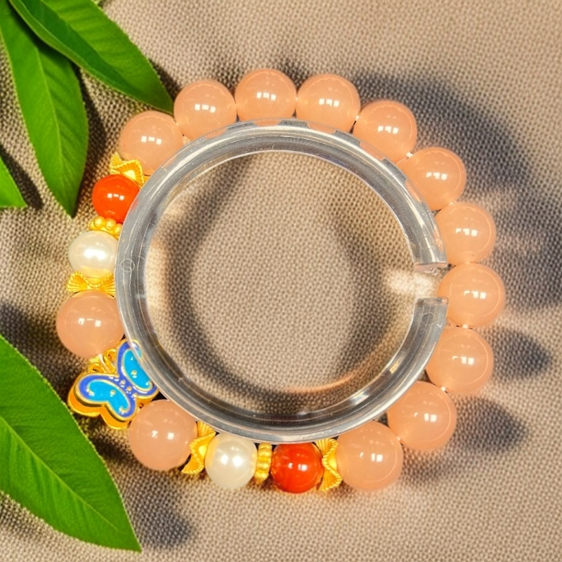 藕粉色圆珠小蝴蝶设计款手串 默认微瑕--礼盒装--275