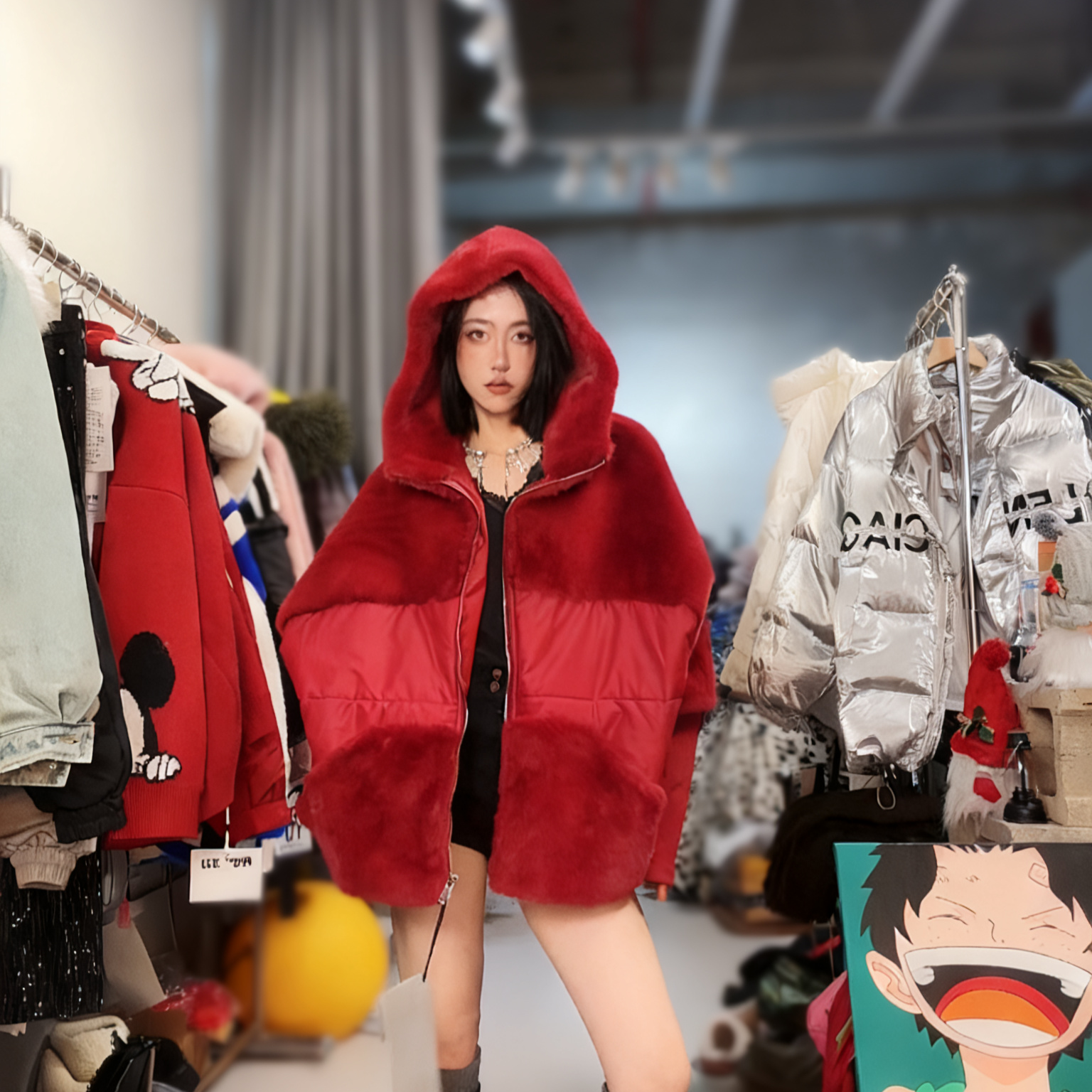 奇奇家 圣诞新年 显瘦保暖 夹棉拼接毛绒高工艺大版棉服棉衣外套