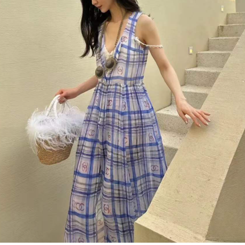 99新 Chanel/香奈儿 38码23P蓝色格纹蚕丝无袖连衣裙 