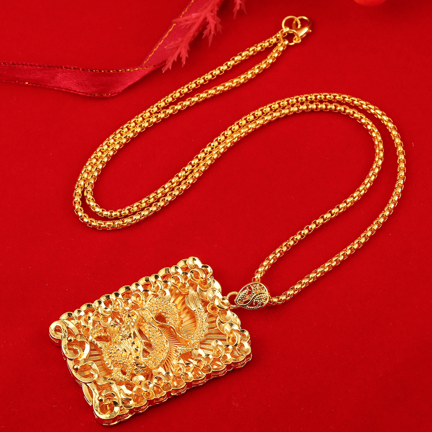 【精品定制】男士蟠龙戏珠吊坠配链子潮流金色时尚