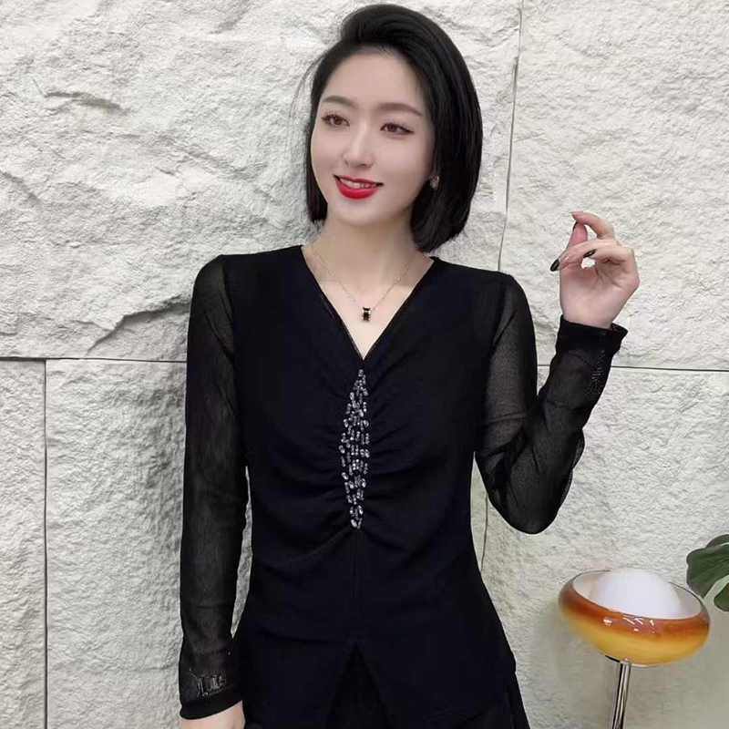 2025新款妈妈春秋装洋气网纱弹力长袖恤中年女领修身打底衫上衣