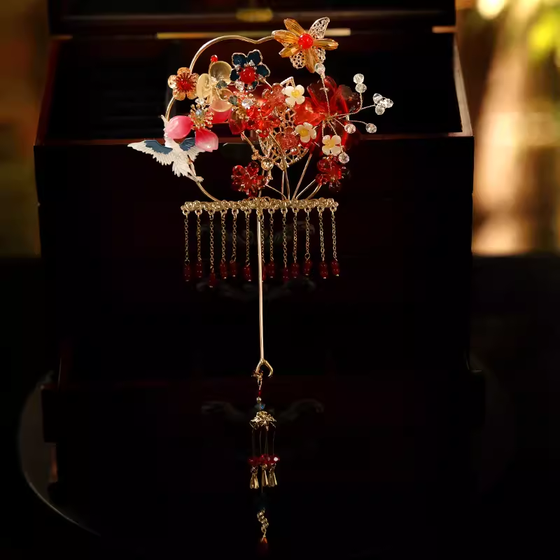 合金锆石婚庆饰品 TF148-MG2383-3手工红色中式古典团扇饰品扇子