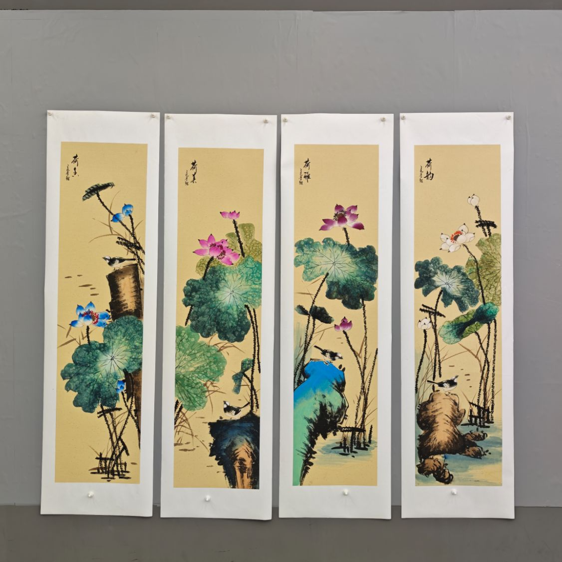 锦煌专属/李鲤手绘/荷韵四条屏/画芯138x34.5/四尺对开X