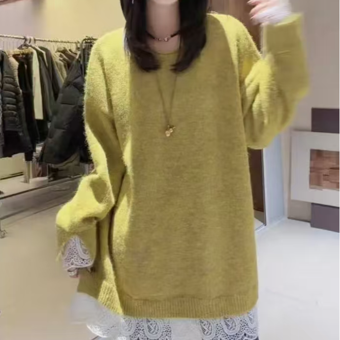 欧货韩系蕾丝拼接假两件宽松毛衣女冬新款圆领软糯中长款针织衫