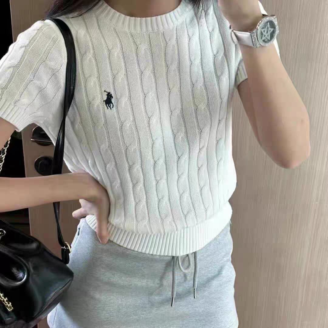 彩虹RL纯棉刺绣纯色圆领衫针织衫短袖T恤女