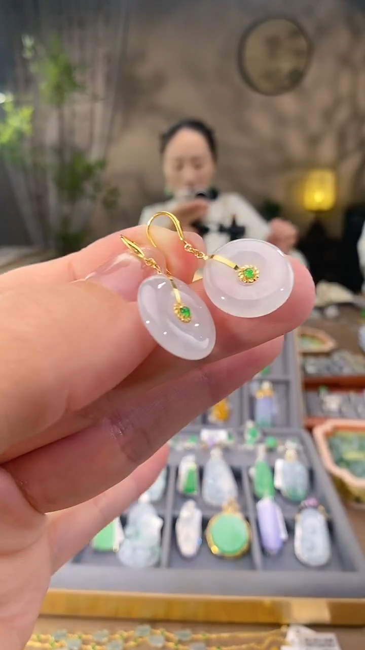 吊坠(不含链)18K金镶嵌翡翠耳饰一对