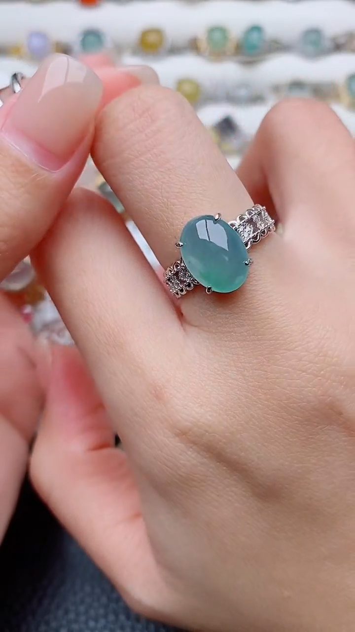 银S925镶嵌戒指翡翠正品 纯天然翡翠