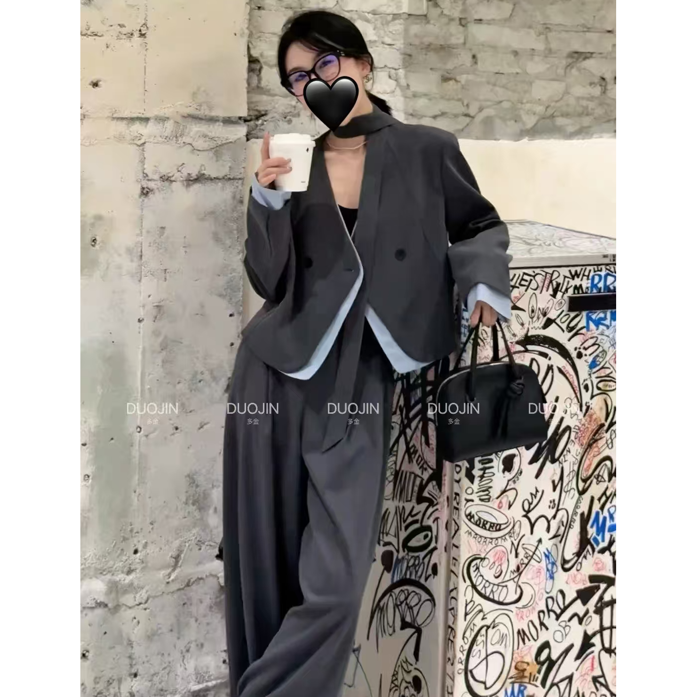 2282新款灰色西装套装拼接衬衫带飘带设计西装外套＋西裤两件套