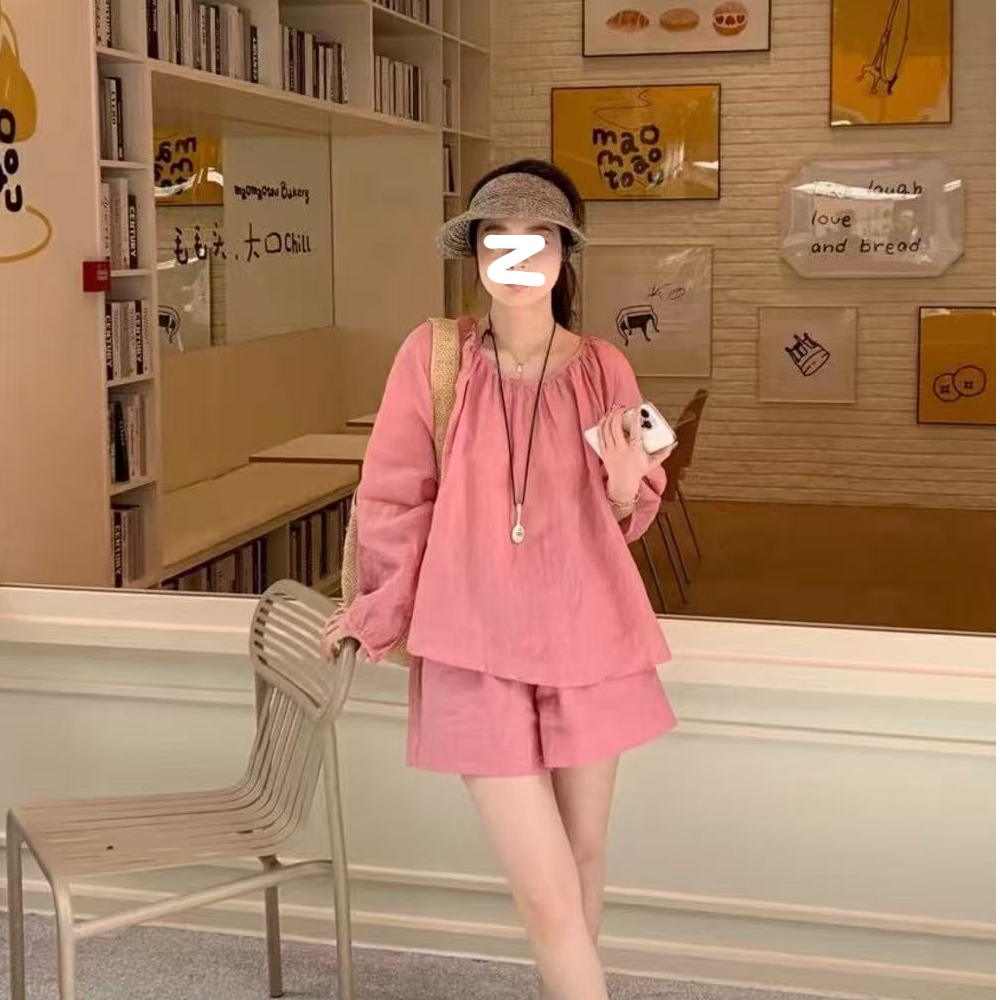 2025夏季欧货时尚气质纯色泡泡袖圆领上衣高腰阔腿短裤两件套装女