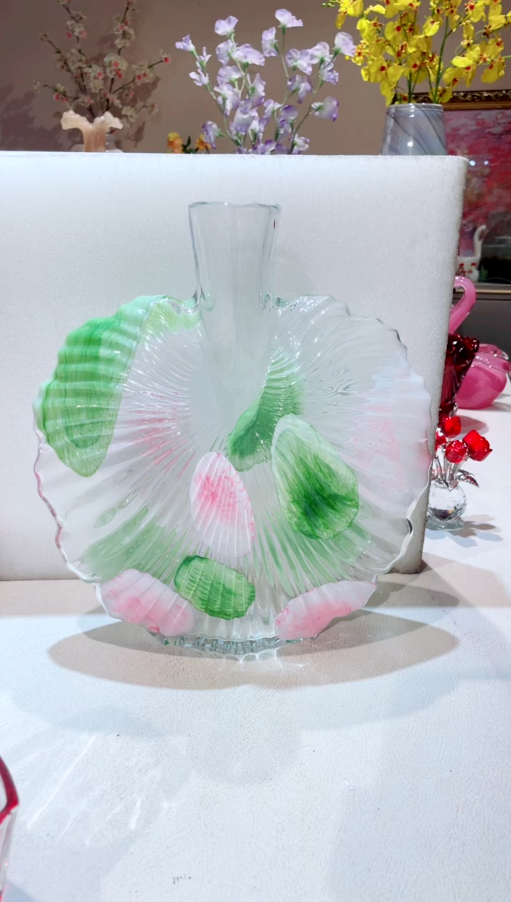 【闪购商品】琉璃手工艺品粉绿手绘叶子花瓶 微瑕