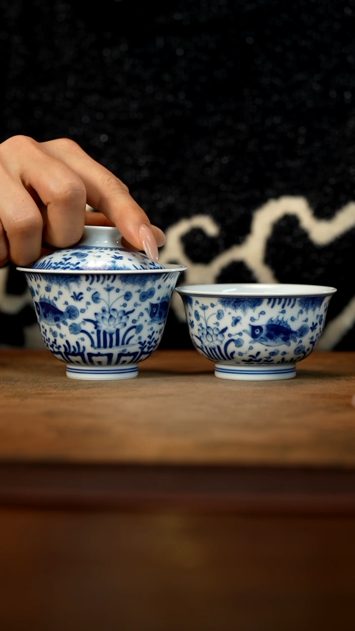 【闪购商品】青花鱼藻纹盖碗和主人杯