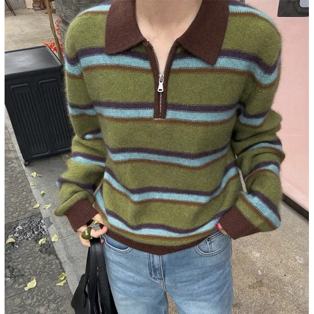 浣熊绒翻领polo条纹显瘦针织女毛针织衫秋冬时尚百搭