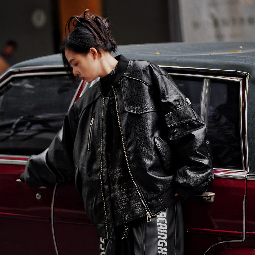 限量款高货2025皮衣冬新潮宽松休闲男拼接水洗做旧蝙蝠袖保暖外套