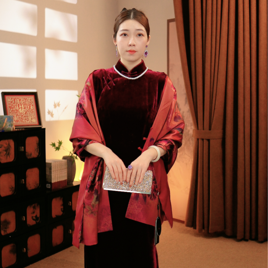 【牡丹宴】百分百桑蚕丝重缎皮子香云纱披肩