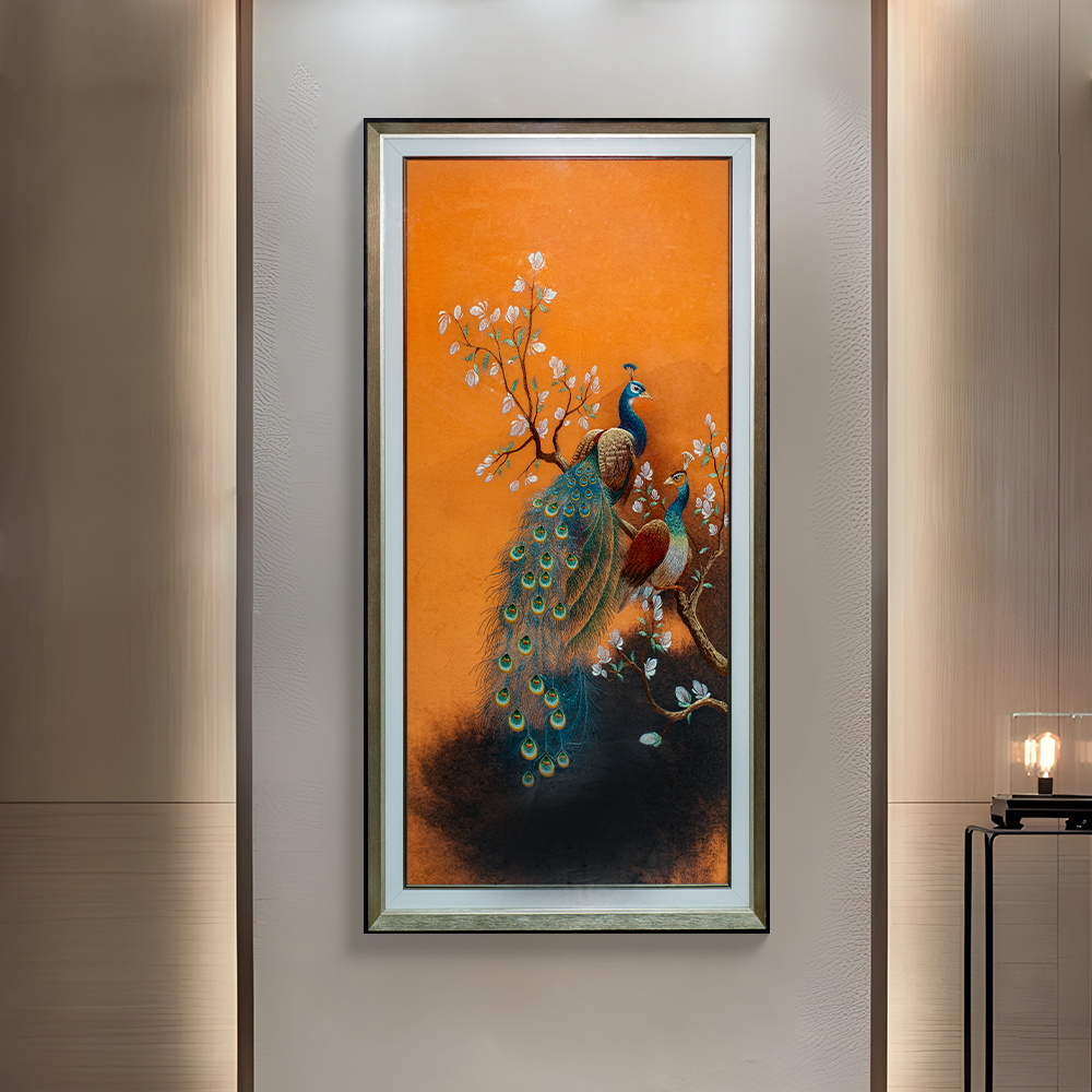 【高端刺绣】刺绣装饰画苏绣轻奢玄关走廊客厅挂画孔雀80160