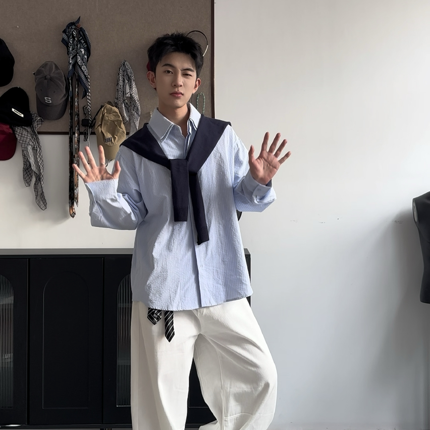 QIUYIDAIDI衬衫领长袖韩版假两件日系秋季蓝条纹可拆卸衬衫送披肩