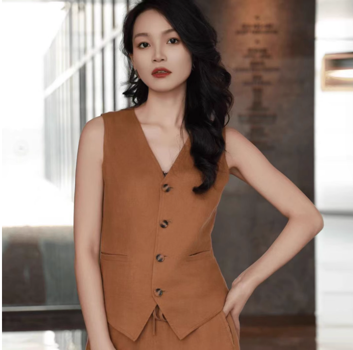 【商场同款】复古V领马甲夏季简约气质纯色休闲亚麻上衣女5400870