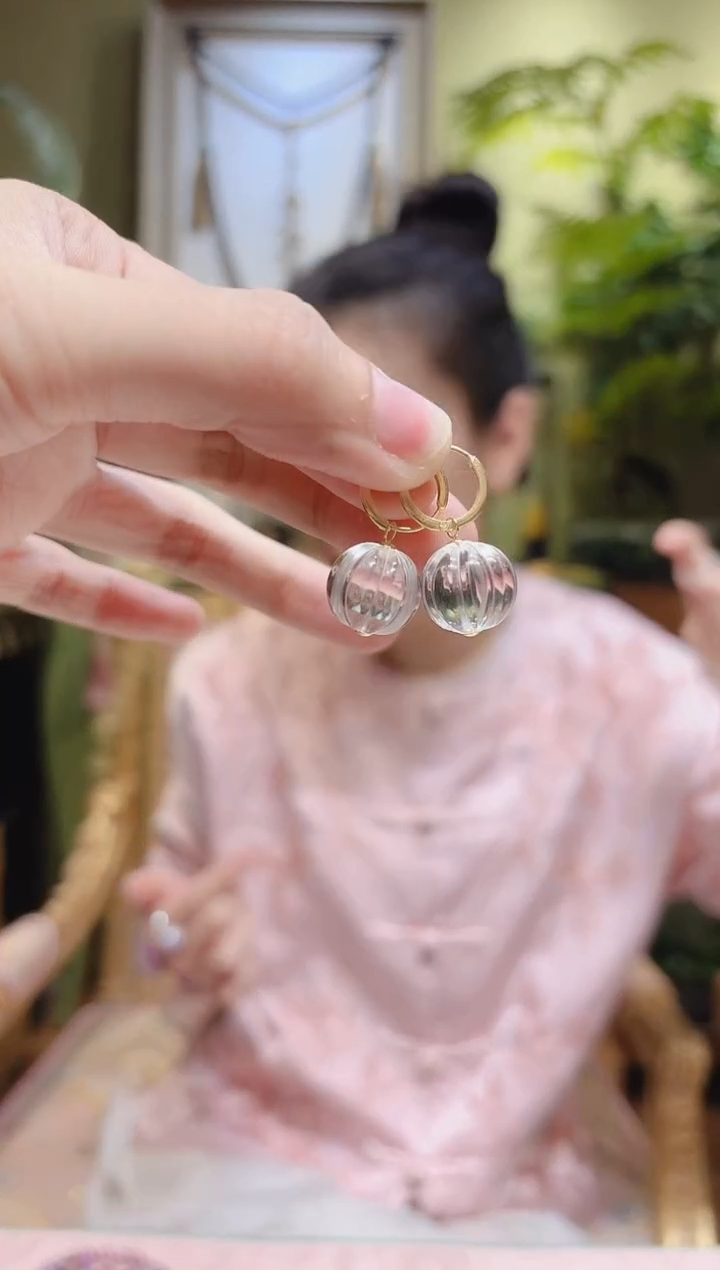 【闪购商品】水晶耳饰18K金镶嵌含扣白水晶南瓜珠耳饰