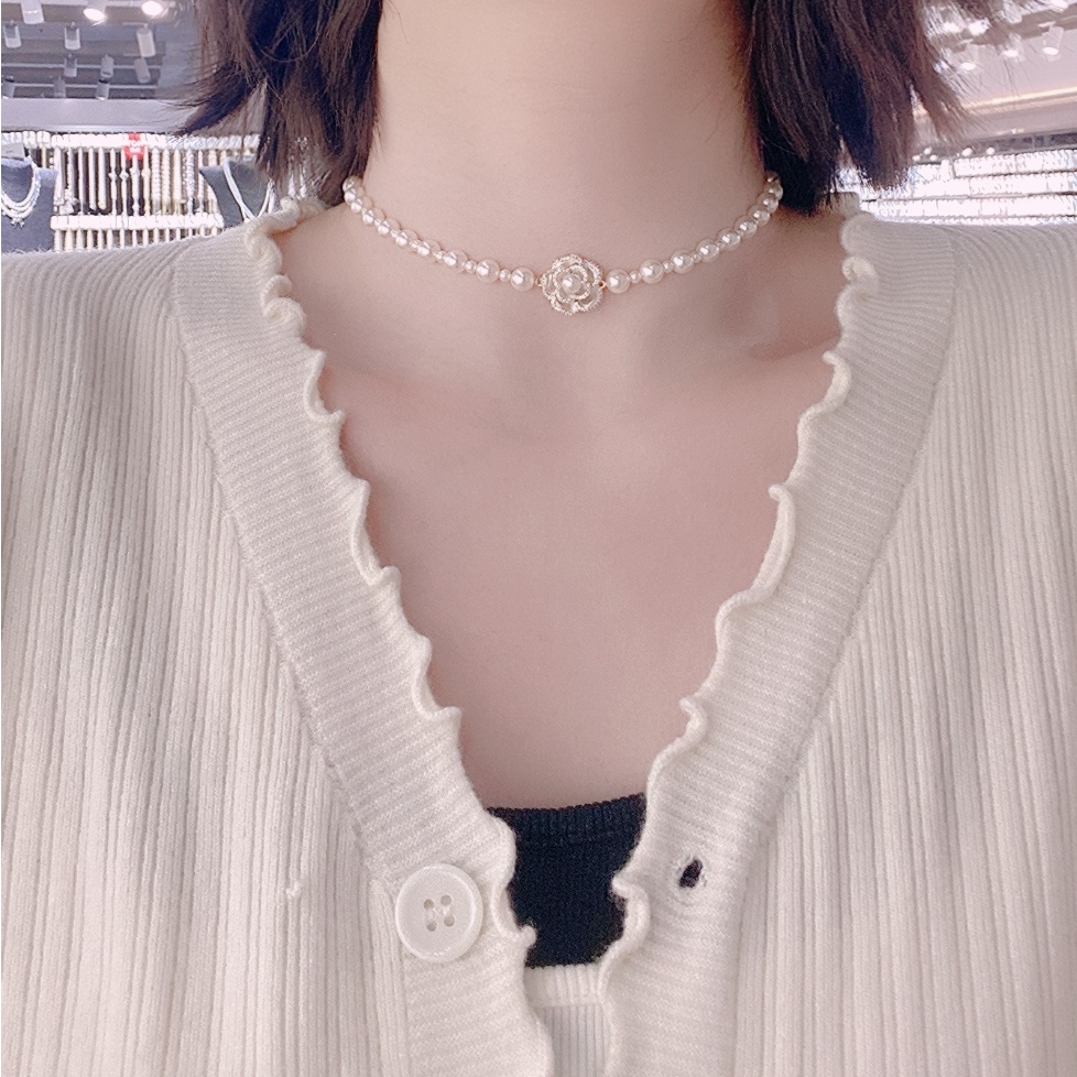 铜合金仿珍珠项链 山茶花高级简约项链817