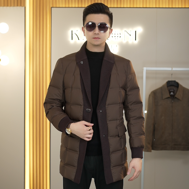 【总裁冬款】2025冬季男士轻奢青果领老钱风中长款90白鸭绒羽绒服