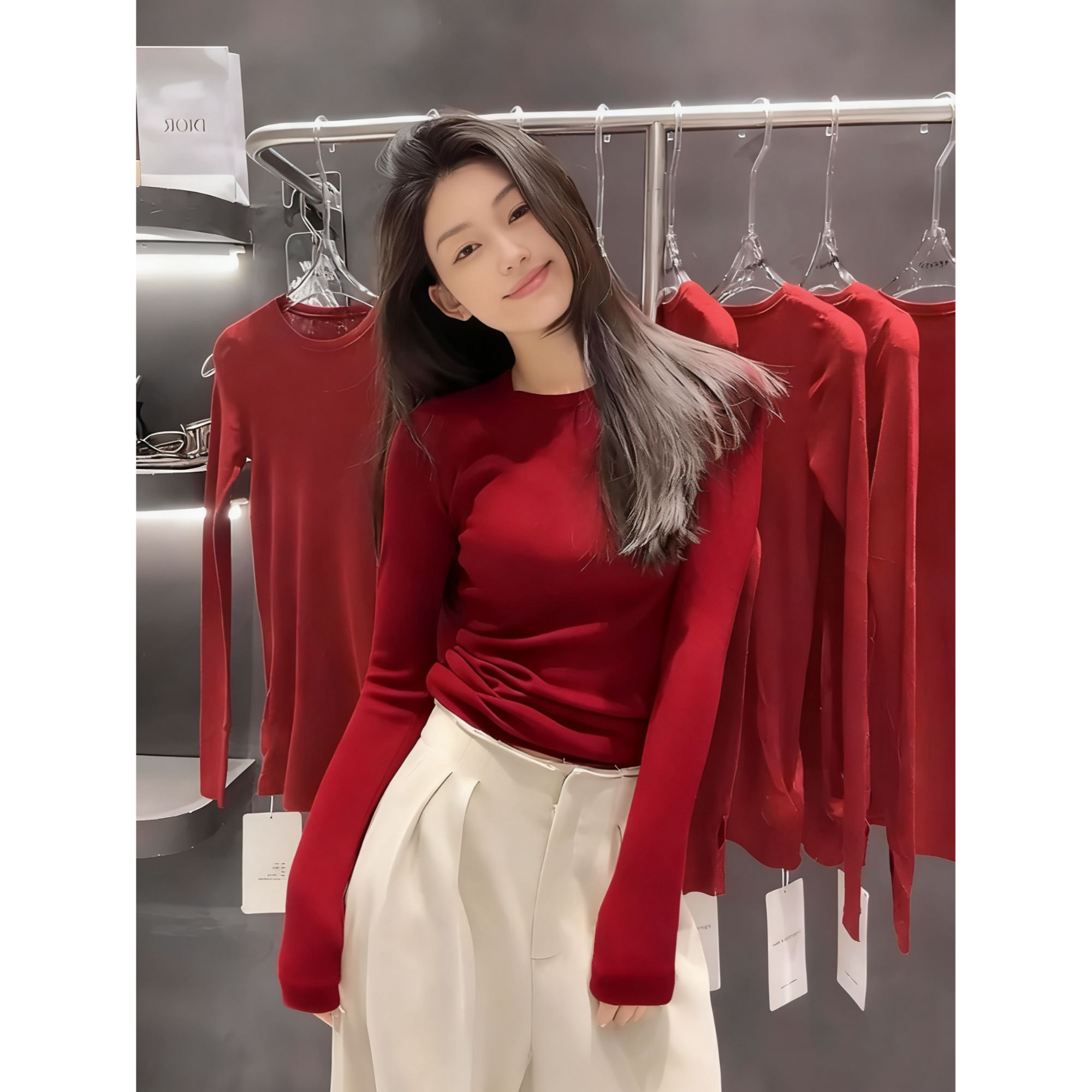 安哥拉圣诞红色圆领女秋冬韩系氛围感本命年穿搭修身打底衫上衣潮