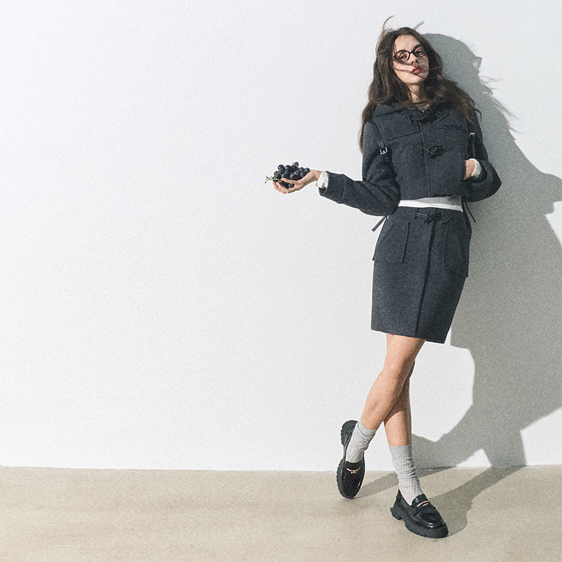 OAKMOO/ "躲雨的屋檐"学院牛角扣大衣套装女羊毛短外套半裙两件套