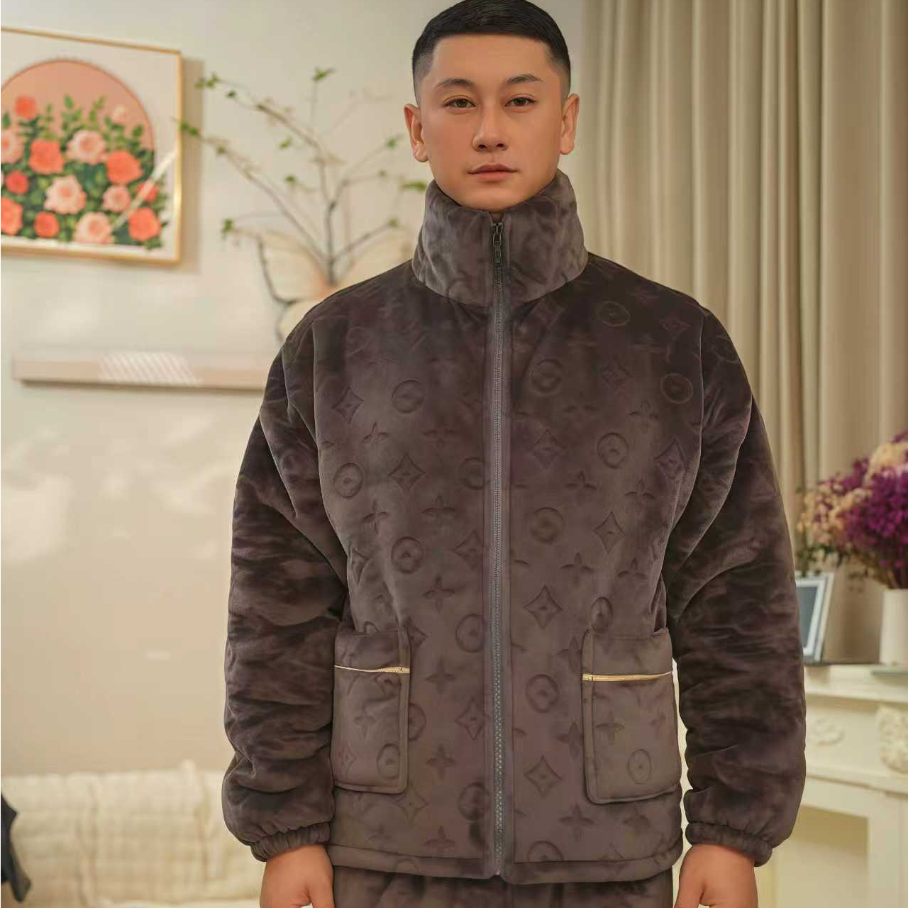 男款睡衣加绒加厚秋冬季保暖珊瑚绒可外穿双层翻领冬天竖领家居服