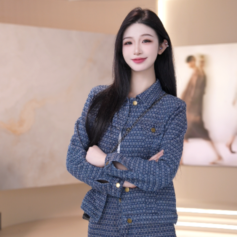 vco/微酷撞色雕花短外套针织粗花呢编织长袖单排扣牛仔女上衣