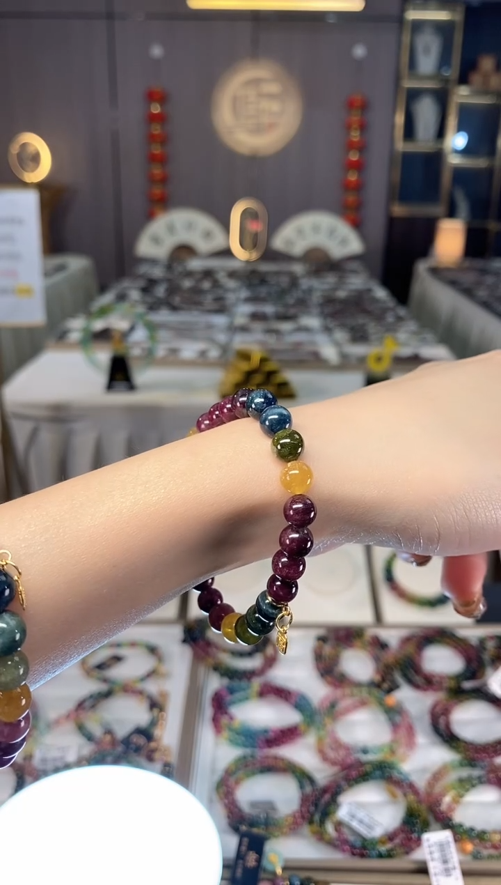 未镶嵌老矿碧玺色标彩虹单圈手串7mm+碧玺dan多样性发货一条