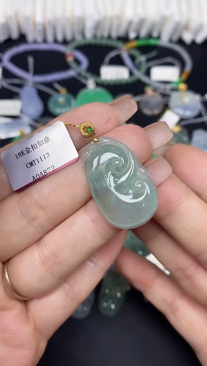 吊坠(不含链)18K金镶嵌翡翠如意18K金扣镶嵌@@CMT1113