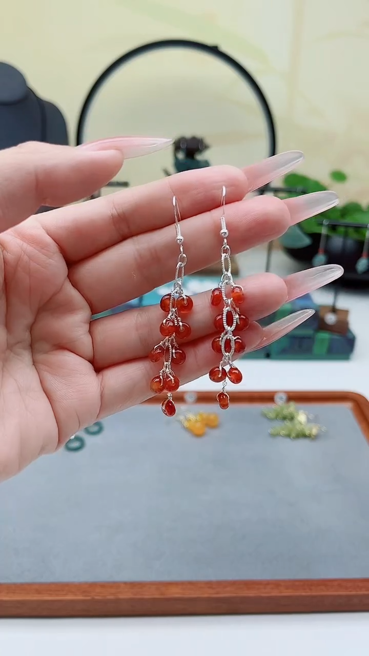 未镶嵌耳饰玛瑙/玉髓00红色流苏