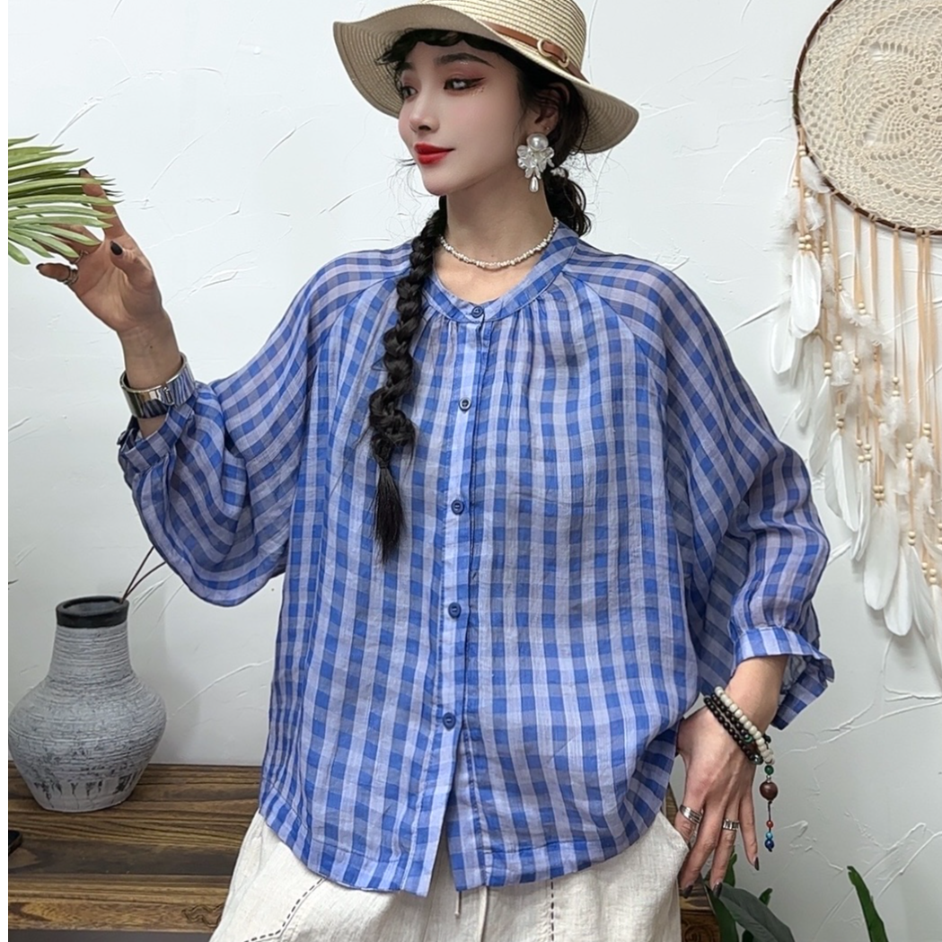 春款上新 82511苎麻双层格子印花衬衣25新款宽松立领时尚半袖上衣