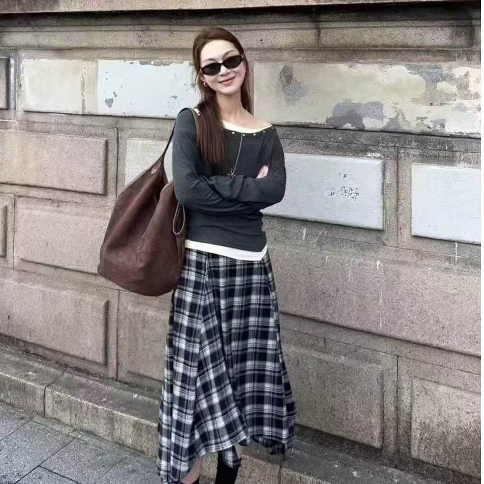 设计感不规则上衣+呢料格子半裙套装裙秋季