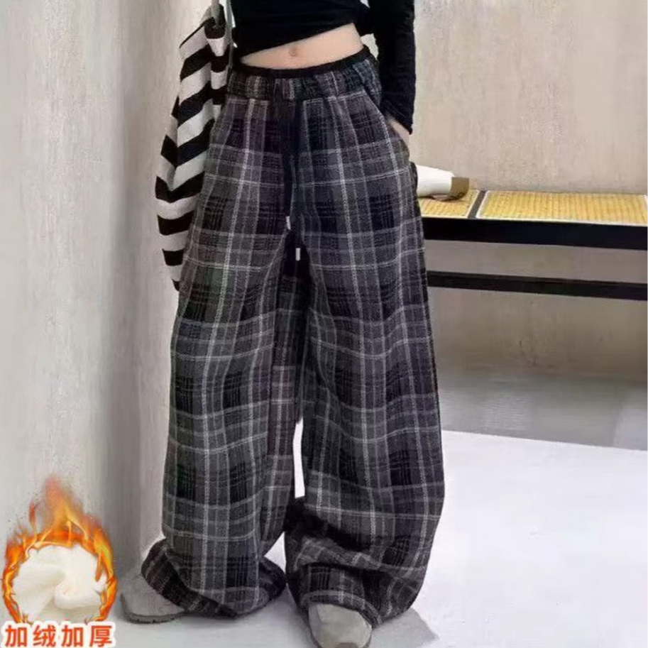 【现货】童装秋冬加绒时尚格子裤女童裤子2025直筒裤中大童阔腿裤