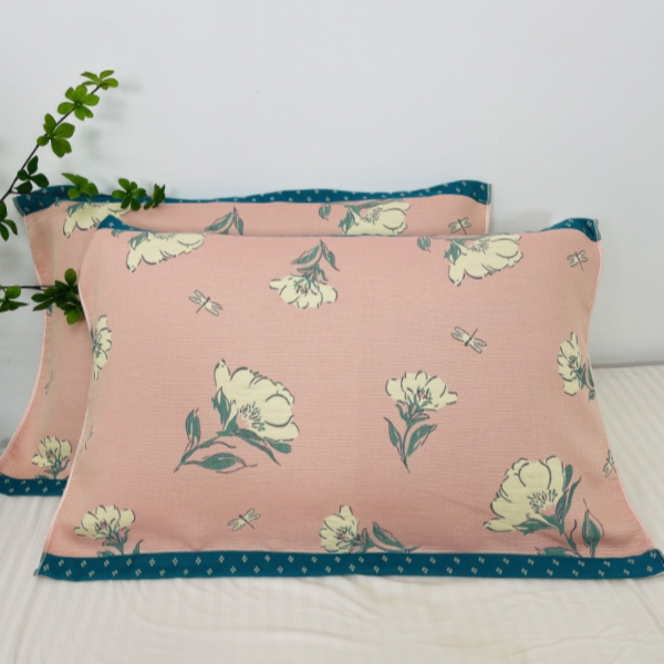 芍药花开粉纯棉枕巾
