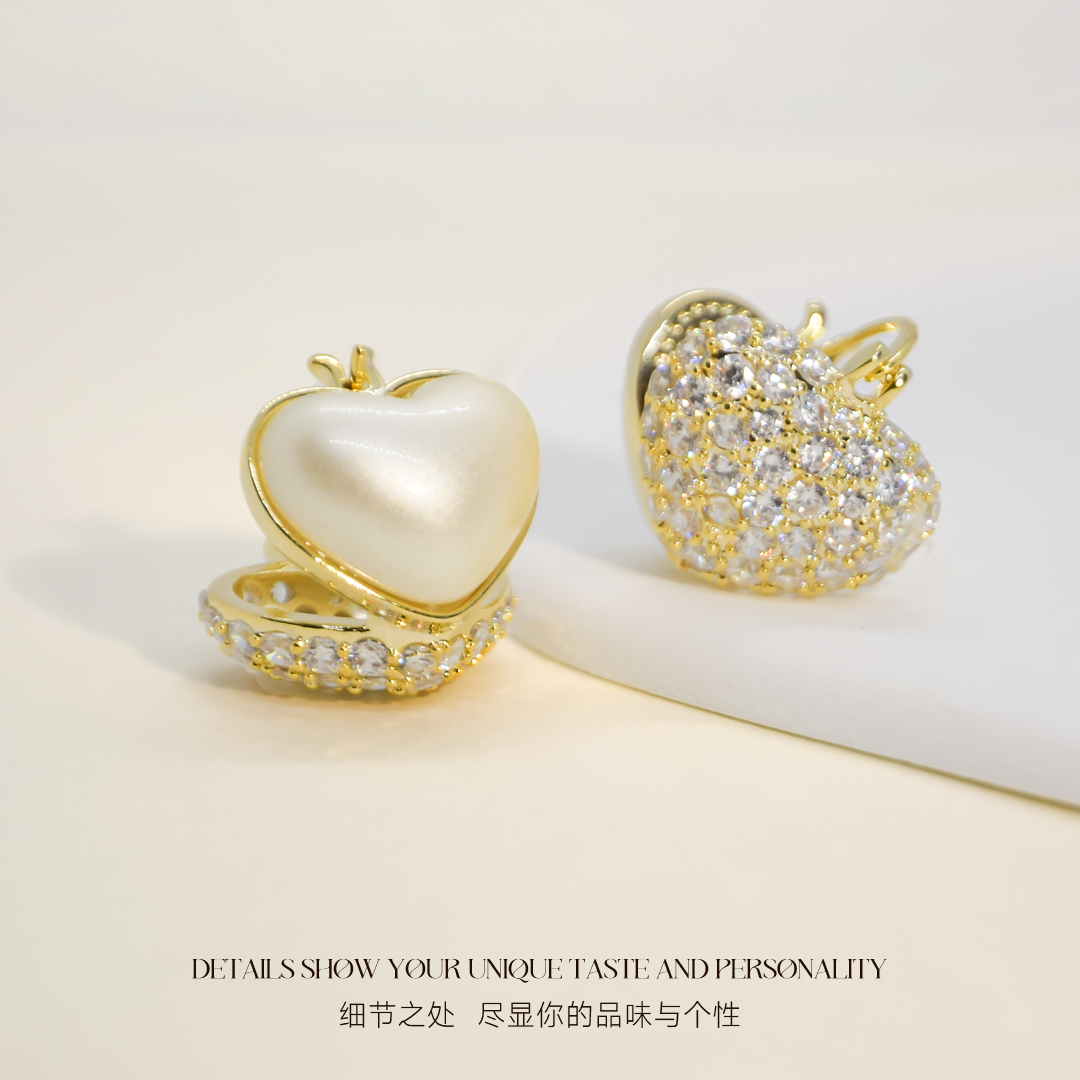 镀K金耳饰 小众高级感时尚气质爱心珍珠双面耳扣设计感精致个性