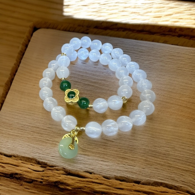 非金属陶瓷手链 绿珠+四叶草+平安扣海云母双圈10808（无礼盒）