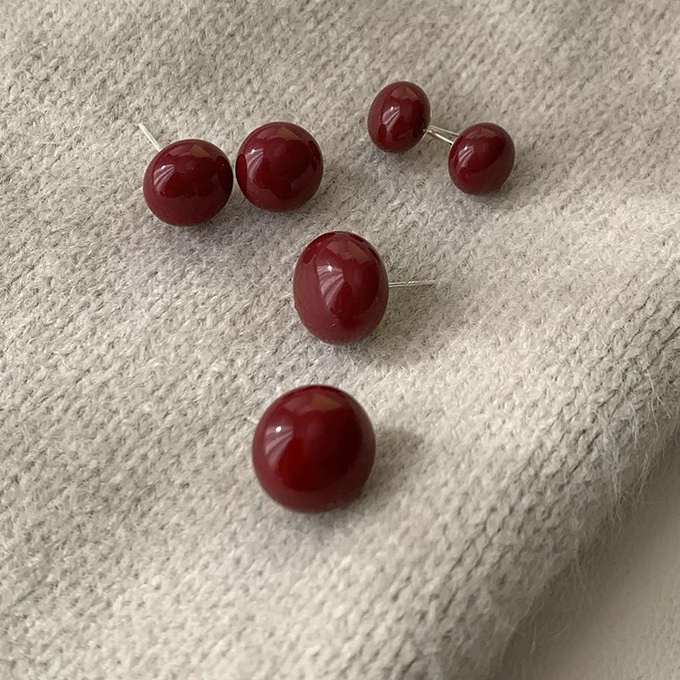 钛钢耳饰 时尚几何日韩女红色珠珠耳钉耳饰古法法式饰品550