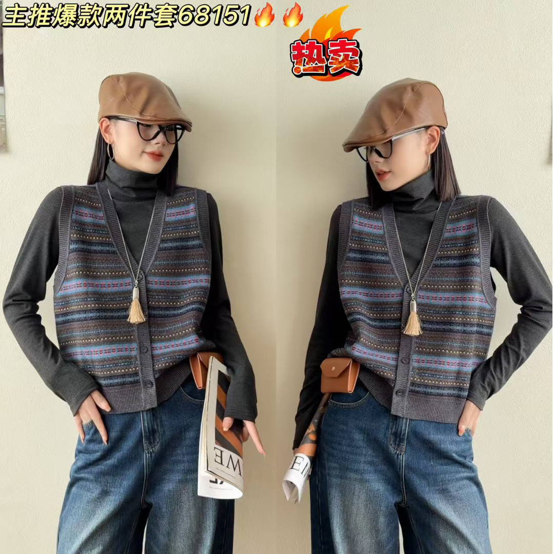  [ W i F i ]68151 68152提花针织高领打底衫两件套上衣