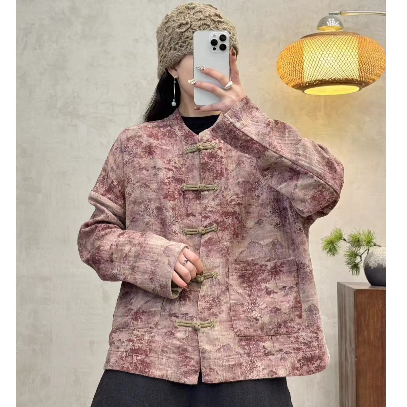 春季复古做旧斜纹棉麻印花立领盘扣外套女