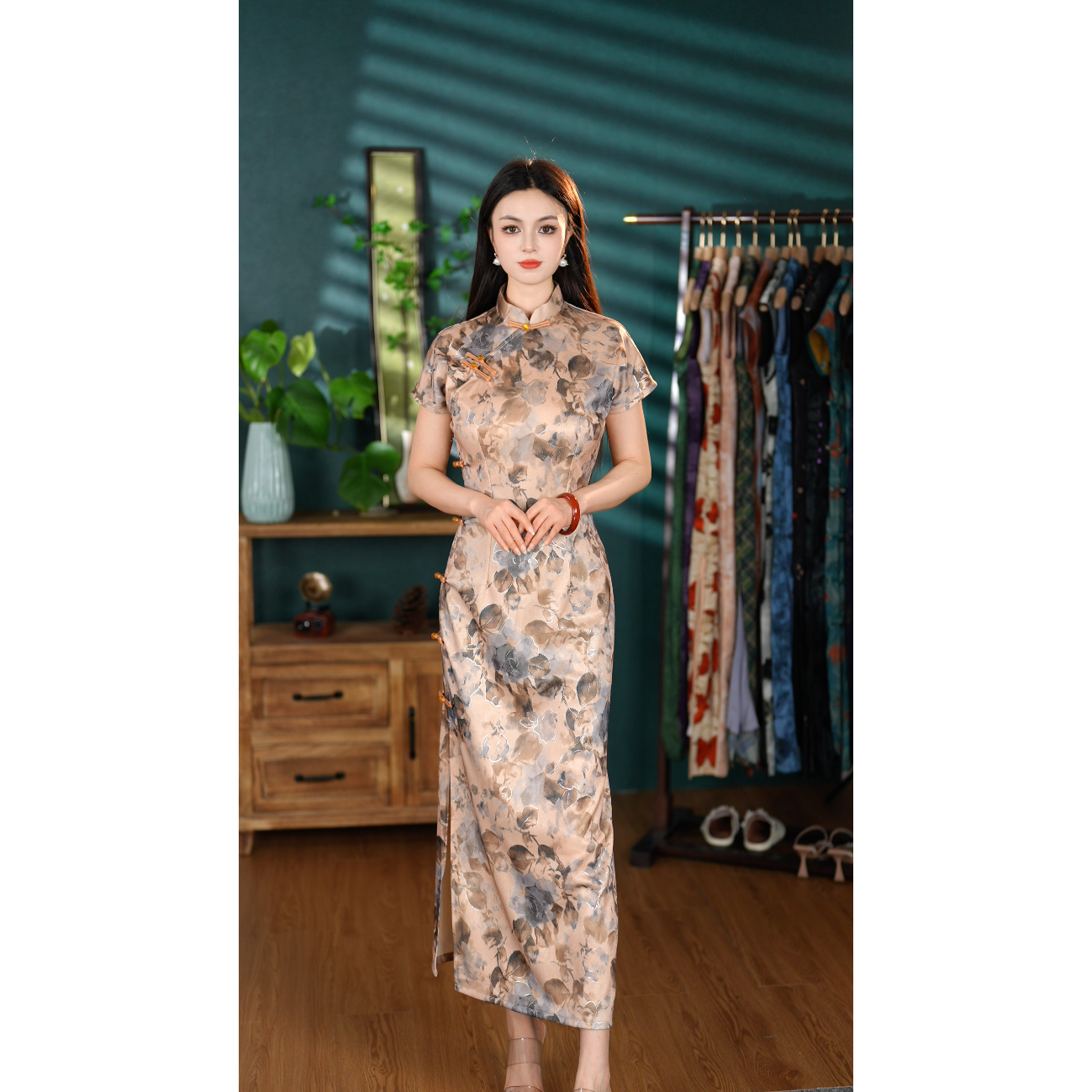 改良版雪尼尔印花气质旗袍长款复古民国老上海优雅演出性感连衣裙