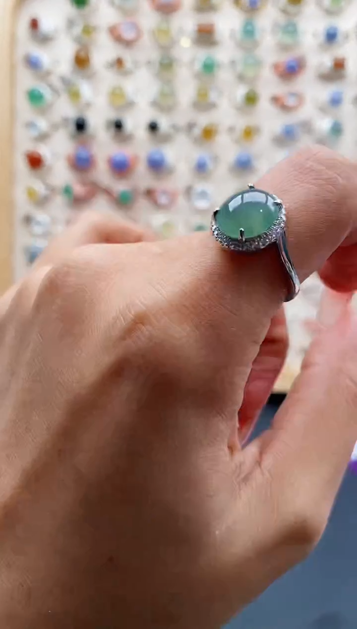 【闪购商品】翡翠戒指银S925镶嵌缅甸天然A货翡翠555 3+9