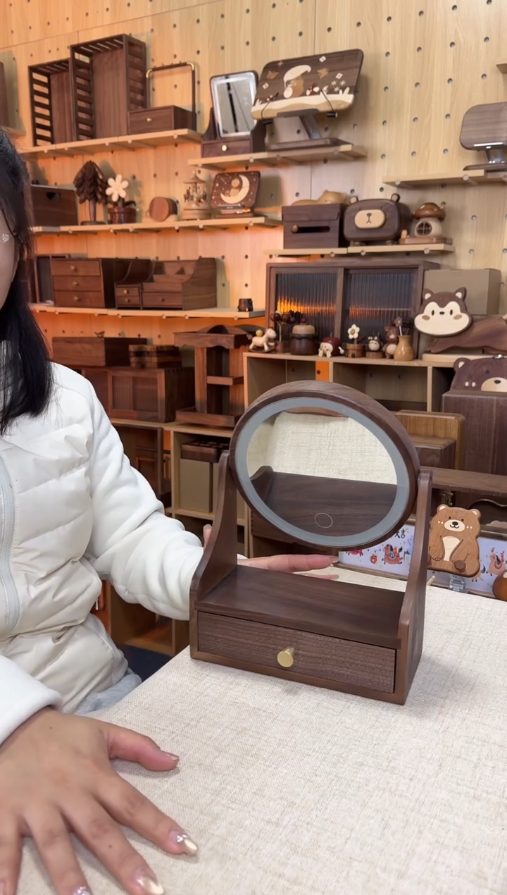 木北美黑胡桃圆形带灯抽屉化妆镜